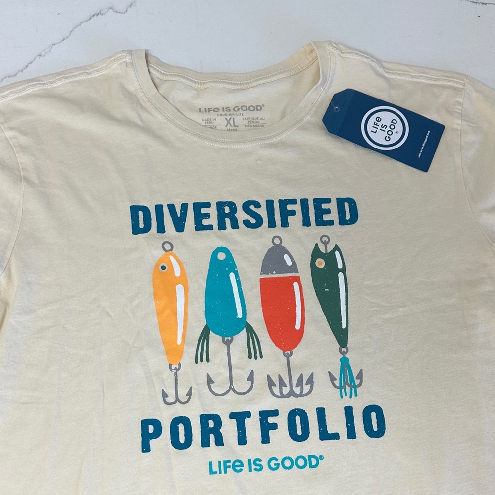 Life Is Good Men's Short Sleeve Tee - Cream with Blue, Orange, Red, Green